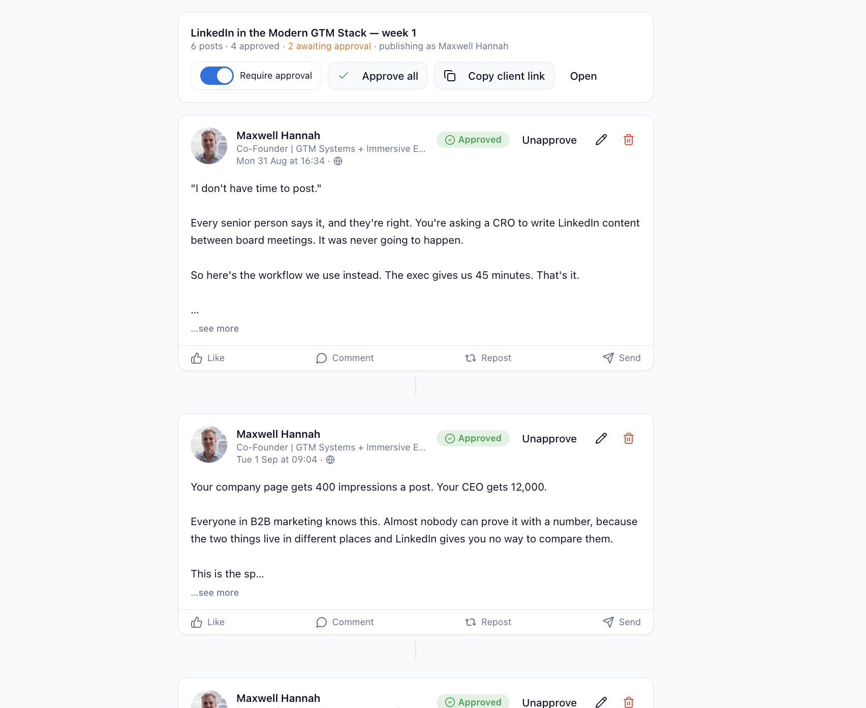 Content plan approval view with client link and approved post states